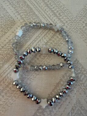 Silver Faceted Bead & White Star Stretch Bracelet Set of 2 Layered Stack